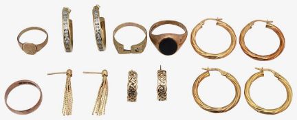A collection of 9ct gold ear hoops and signet rings