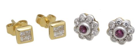 Two sets of 18ct diamond ear studs