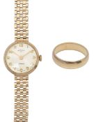 A 9ct gold Rotary lady's manual wind bracelet watch and 9ct wedding band