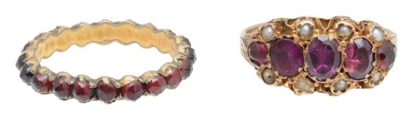 A 9ct seed pearl and garnet dated 1882-3 and a garnet band
