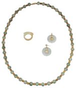 A single row jade necklace, a pair of ear jade pendants and a jade ring