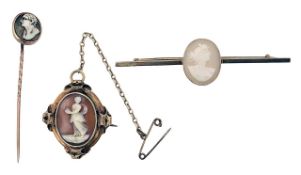 A cameo brooch, cameo bar brooch and tie pin