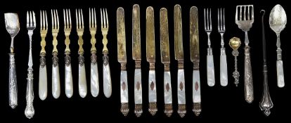 Six matched French silver-gilt and mop handled dessert knives + other items