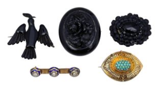 A turquoise brooch, enamel & pearl pin, jet brooch and two more