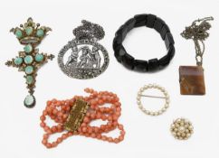 A 19th century silver-gilt and turquoise crowned cross pendant brooch and other jewellery