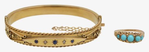 A 9ct Victorian diamond and sapphire bangle and turquoise ring