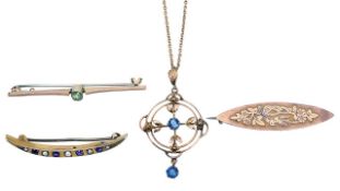 Three 9ct brooches and an Edwardian pendant