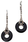A pair of Art Deco onyx and diamond-set ear pendants