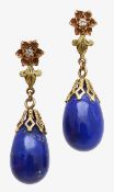 A pair of lapis and diamond ear pendants
