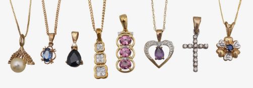 A collection of 9ct gem, diamond necklaces and pendants