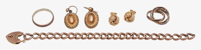 A 9ct Russian wedding band, lovers knot ear studs & three more