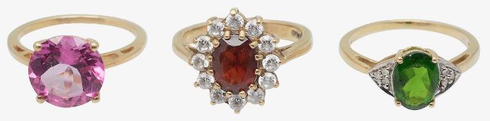 Three 9ct gold gem set rings