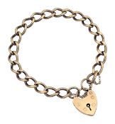 A 9ct gold flat curb link bracelet with heart charm