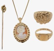 A 9ct cameo necklace, two signet rings and a stick pin