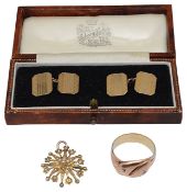 A seed pearl pendant, diamond snake ring and cufflinks