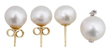 A pair South Sea cultured pearl earrings and two more pearls