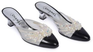 A pair of vintage Chanel black leather and beaded shoes