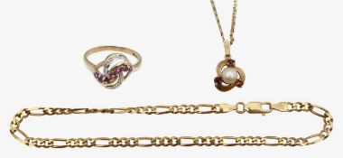 A 9ct gold diamond ruby ring with an ankle chain and necklace