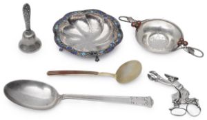 A collection of silver to include a Russian silver and cloisonné enamel bonbon dish