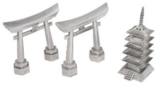 Pair Japanese silver Tori gate salt and pepper shakers and a pagoda pepperette