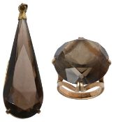 A 70s stylish smoky quartz ring and pendant
