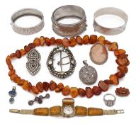 An early 19th century carved coral cluster brooch and a selection of silver and costume jewellery