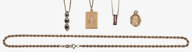 A collection of 9ct necklaces including ruby sapphires and diamonds
