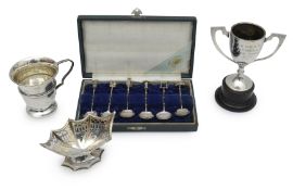 A set of Sterling novelty coffee spoons, Yokohama labelled box; with a silver cup, a silver swing ha
