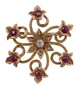 A 15ct Victorian ruby and diamond floral pendant brooch