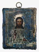 A late 19th century Russian silver-gilt icon of Christ Pantokrator