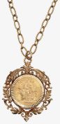A full 1964 Elizabeth II sovereign on 9ct yellow gold necklace pendant
