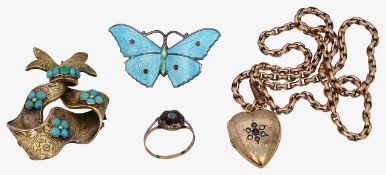 A turquoise bow brooch, heart locket pendant and two more