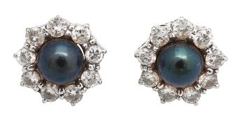 A pair of black cultured pearl and diamond-set ear studs