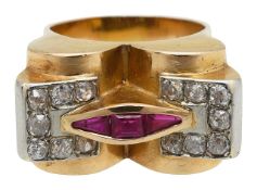 A diamond and ruby cocktail ring