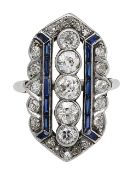 A diamond and sapphire Art Deco long panel ring