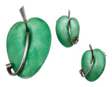 A Danish sterling silver and enamel 'lily pad' suite by Volner Bahner
