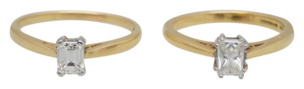 An 18ct emerald cut diamond and a radiant cut diamond ring