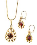 A 9ct garnet drop earrings and necklace,