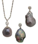 A pair of black cultured pearl and diamond ear pendants, and a matching pendant on chain