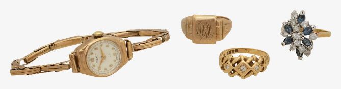 An 18ct diamond ring, signet ring, rotary watch and stone ring
