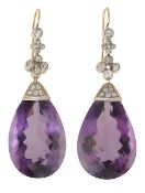 A pair of amethyst and diamond-set ear pendants