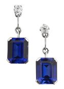 A pair of 18ct gold diamond and blue stone ear pendants