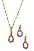 A 9ct gold ruby and diamond ear pendants and necklace set