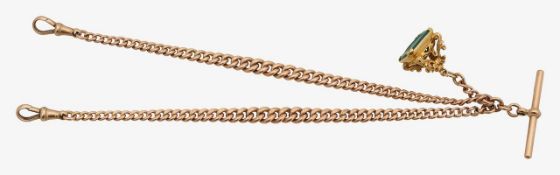 A 9ct Victorian watch chain with hard stone intaglio fob