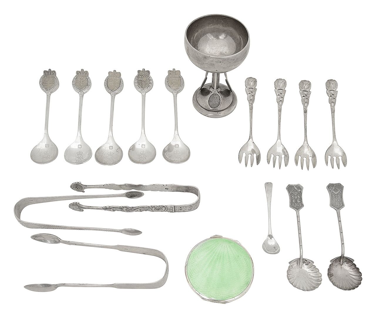 A collection of silver spoons, tongs and other items