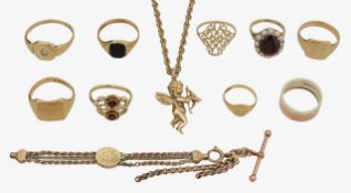 A 9ct cupid pendant, diamond signet ring and eight more