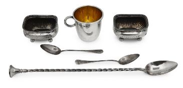 An Elizabeth II silver christening cup, a pair silver salts and other items