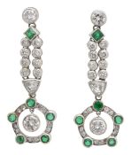 A pair of emerald and diamond ear pendants