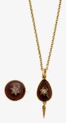 A mid Victorian garnet and diamond-set pendant on chain, and similar brooch