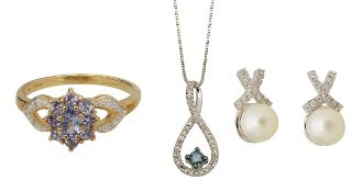 A 14ct diamond infinity pendant and pearl diamond ear studs